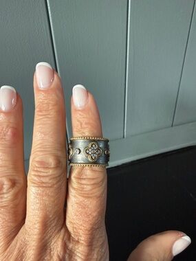 Oxidized Silver Wide Band Ring with Gold Accents and Crystal Motifs - Women's